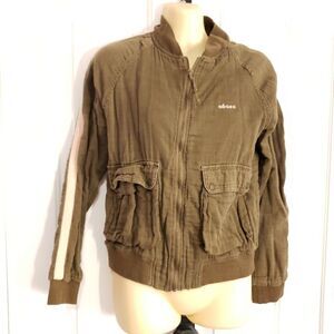 Vintage Ebase Brown 100% Cotton Full Zip Jacket Womens Small Pink Sleeve Stripes